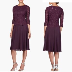 Alex Evenings Wedding Alex's Sequined Lace Contrast Midi Dress Deep Plum Size 16